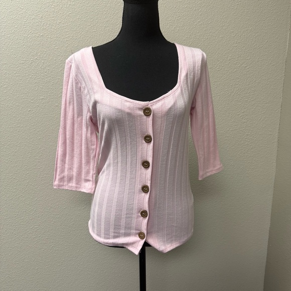Free People Pink Ribbed Button Top L Boho Fitted Stretch Casual Chic - Picture 2 of 10